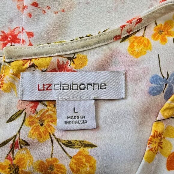 Liz Claiborne Top Floral Short Sleeve Blouse V Neck Spring Career Womens Size L - Picture 7 of 8